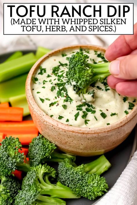 This quick and easy tofu dip is made from a block of silken tofu, herbs, and spices, blended into a rich and creamy vegan ranch dip.  This dip will make veggies disappear, plus it's gluten-free, dairy-free, low-fat, and high in protein. thehiddenveggies.com Silken Tofu Dip Recipes, Vegan Yogurt Dip, Sauces Made With Silken Tofu, Blended Tofu Recipes, Vegan Vegetable Dip, Tofu Dip Recipes, Hidden Tofu Recipes, Vegan Spreads And Dips, Tofu Dips