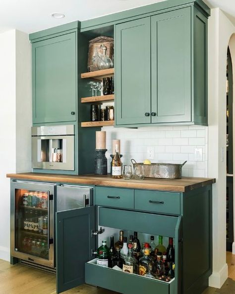 Wine Refrigerator Cabinet, Beverage Station Kitchen, Dining Room Built Ins, Green Appliances, Built In Coffee Maker, Alpine House, Beverage Station, Beverage Fridge, Coffee Room