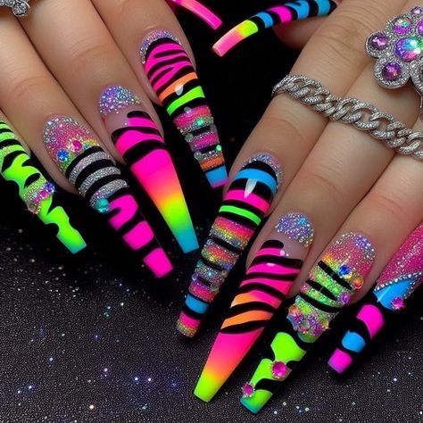 Bright Birthday Nails, 80s Nail Designs, Lisa Frank Nails, Wild Nail Designs, Nails Black Coffin, Coffin Nails Black, Classy Coffin Nails, Coffin Nails Short, Summer Coffin Nails