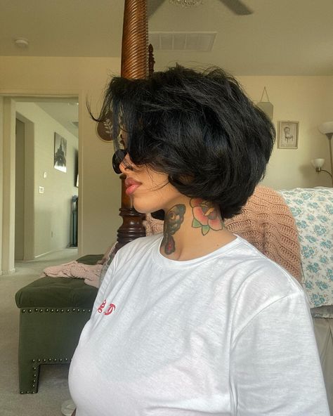 🥀 #frenchbob #shorthair #bobhaircut #shorthairideas Very Short Hairstyle Women Round Face, Hair Styles Round Face Plus Size, Long Pixie Cut Black Women, Best Hairstyles For Round Face Women, Hairstyles For Round Faces Black Women, Long Pixie Haircut For Round Faces, Short Hair On Plus Size Women, Black Woman Short Haircut, Short Bob Round Face