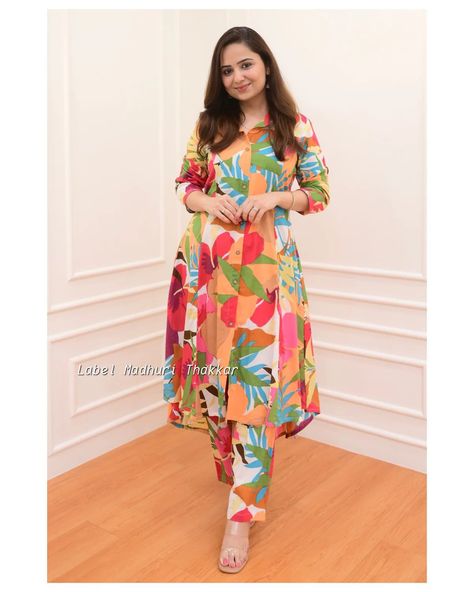 Cotton kurti sets A Line Top Designs, Up And Down Kurti Design, Pant Top Set Women, Printed Cord Set, Up And Down Dress, Cotton Cord Set, Printed Co Ord Set, Short Kurta Set, Printed Kurti Designs