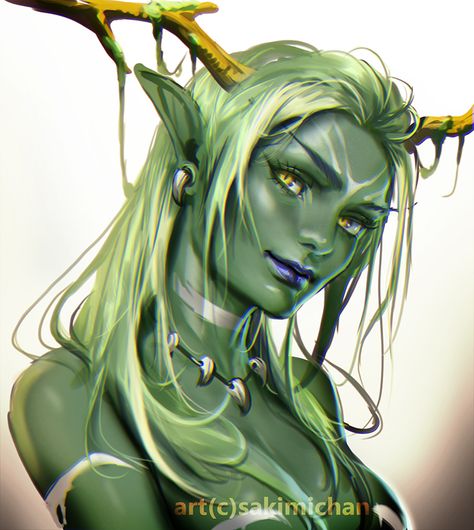 Green elf by sakimichan female druid antlers monster tiefling demon armor clothes clothing fashion player character npc | Create your own roleplaying game material w/ RPG Bard: www.rpgbard.com | Writing inspiration for Dungeons and Dragons DND D&D Pathfinder PFRPG Warhammer 40k Star Wars Shadowrun Call of Cthulhu Lord of the Rings LoTR + d20 fantasy science fiction scifi horror design | Not Trusty Sword art: click artwork for source Sakimichan Art, Green Elf, Female Elf, Fantasy Rpg, Dnd Characters, Green Hair, Character Portraits, Fantasy World, Fantasy Creatures