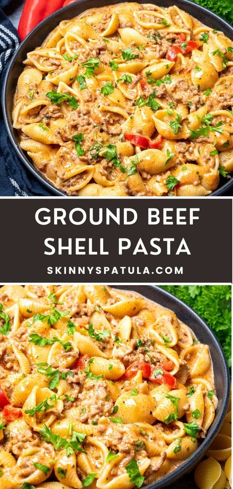 Ground Beef Shell Pasta – Skinny Spatula Ground Beef And Spinach, Ground Beef And Broccoli, Shell Pasta Recipes, Shell Pasta, Beef Pasta Recipes, Ground Beef Pasta, Healthy Ground Beef, Food Pasta, Beef Pasta