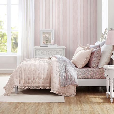 Laura Ashley Hailee Quilt Set USHSA91258872, Color: Light Pastel Pink - JCPenney Pink Quilt Set, Laura Ashley Bedding, Pink Duvet, Reversible Bedding, Pick Stitch, Pink Duvet Cover, Cozy Quilts, Pink Quilts, Girl Beds