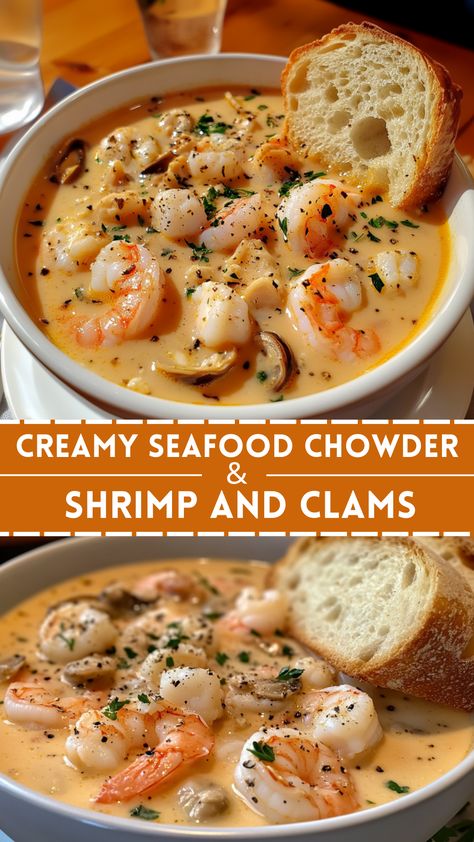 Creamy Seafood Chowder with Shrimp and Clams Shrimp Clam Chowder, Crab Shrimp Chowder, Red Seafood Chowder, Crockpot Seafood Soup Recipes, East Coast Food Recipes, Light Clam Chowder Recipe, Rustic Seafood Soup, Creamy Fish Chowder, Healthy Seafood Chowder Recipe