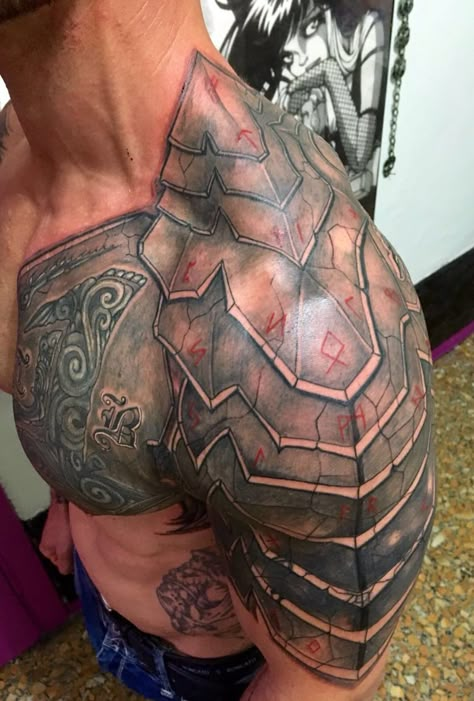 Chest To Shoulder Tattoo, Armor Sleeve Tattoo, Tattoo Warrior, Armor Of God Tattoo, Armour Tattoo, Shoulder Armour, Shoulder Armor Tattoo, Body Armor Tattoo, Armor Tattoo