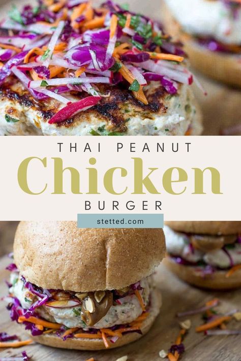 Spice up your grill game with these Thai Peanut Chicken Burgers! A flavorful twist on a classic favorite. Cheeseburger Recipes Homemade, Thai Burger, Chicken Burger Recipe, Homemade Burger Recipe, Easy Burger Recipe, Thai Peanut Chicken, Chicken Burgers Recipe, Cheeseburger Recipe, Spicy Peanut Sauce