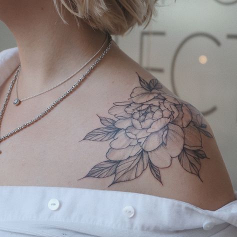 Peonies tattoo/ flower tattoo/ line Small Floral Shoulder Tattoo, Shoulder Tattoo Peony, Double Shoulder Tattoos For Women, Shoulder Tattoo Leaves, Shoulder Peony Tattoo, Peony Chest Tattoo Female, Peony Shoulder Tattoos For Women, Flower Tattoo Designs Shoulder, Peony Shoulder Cap Tattoo