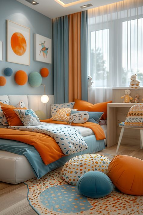 Enchanting Children's Bedroom in Vibrant Hues: Dive into a world of playful charm with this imaginative space, adorned in orange and blue tones. A blend of polka dots and lively patterns on the bed and rug brings joy. Decorative elements and art illuminate the walls. Experience the magic of sustainable living with passive house principles. NOVASPACE PROMOciones crafts such dreams into reality. Explore more today! Orange Blue Bedroom Ideas, Toddler Boy Room Colors Schemes, Blue And Orange Boys Room, Orange And Blue Aesthetic Bedroom, Orange Toddler Room, Orange Boys Bedroom, Orange Blue Bedroom, Orange Kids Bedroom, Blue And Orange Bedroom