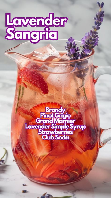 Summer calls for a refreshing drink that brings together unique flavors, and this Lavender Sangria does just that. Serving this at the bar, it’s clear why it’s a favorite: the floral notes of lavender mix beautifully with the crispness of Pinot Grigio and the sweetness of ripe strawberries and peaches. #lavendersangria via @mybartender Lavender Sangria, Lavender Cocktails, Strawberries And Peaches, Soda Cocktails, Citrus Sangria, Best Sangria Recipe, Wine Mixed Drinks, Summer Sangria Recipes, Cocktail Cards