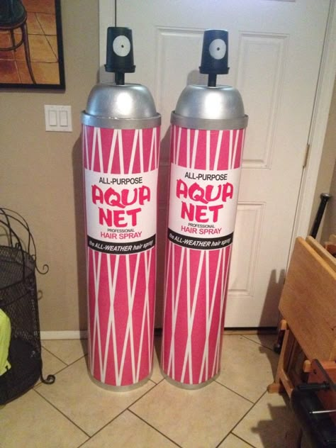 Giant hairspray props for a friends birthday celebration. 80s Float Ideas, 80s Party Theme Ideas, Giant Makeup Props, 80’s Party Food, 80s Props, Diy 80s Party Decorations, Giant Props, Homecoming Floats, 80s Birthday