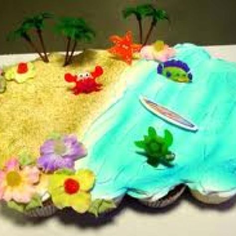 Beach scene Beach Theme Cupcake Cake, Shark Treats, Dragon Cupcakes, Beach Cupcakes, Pull Apart Cupcake Cake, Beach Cake, Pull Apart Cake, Chocolate Covered Peanuts, Pull Apart Cupcakes