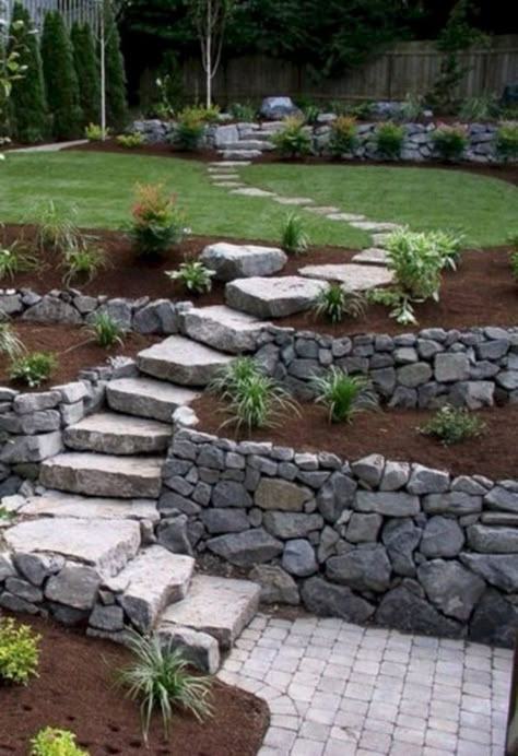 Slope Garden, Sloped Yard, Pathway Landscaping, Sloped Backyard, Stone Steps, نباتات منزلية, Garden Stairs, Sloped Garden, Garden Steps