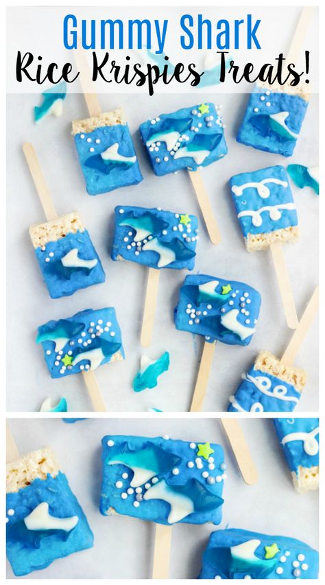 Shark Party Foods, Shark Week Recipes, Gummy Shark, Rice Krispies Treats Recipe, Gummy Sharks, Shark Snacks, Shark Week Party, Shark Themed Party, Easy Snacks For Kids