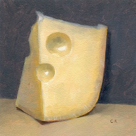 Swiss Cheese, 4" x 4", oils on paper. Buy at ckornacki.etsy.com. In 2015, I started a weekly food painting initiative. Every Monday, I create a small, 4" oil paintings from life. Cheese Painting, Food Oil Painting, Cheese Art, Naive Painting, Still Life Images, Food Painting, Drinks Design, Still Life Oil Painting, Swiss Cheese