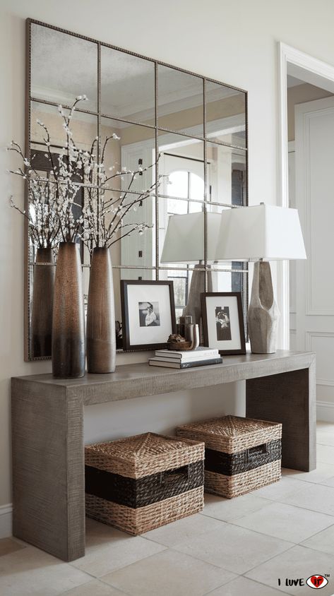 17 Stylish Entryway Table Decor Ideas for a Welcoming Home - I Luve It Entryway Aesthetic Modern, Entryway Decor Glam, Hallway Console Styling, Contemporary Console Table Design, Entryway Table Decor Minimalist, Long Console Table Decor, Entrance Hall Ideas Modern Entry Ways, Entrance Table Decor Entry Ways, Entryway Console Table Ideas