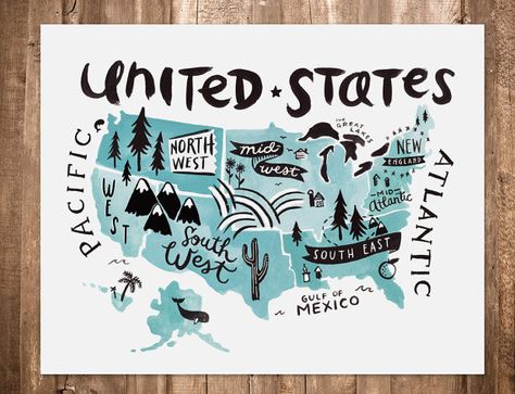 Hey, I found this really awesome Etsy listing at https://www.etsy.com/listing/171226725/sale-united-states-regional-map-8-x-10 Travel Infographic, Map Illustration, Hand Drawn Map, Drawn Map, United States Map, Art Carte, Usa Map, Map Art Print, Illustrated Map