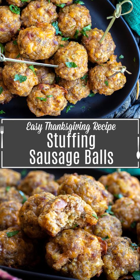 Stuffing Appetizer, Stuffing Sausage Balls, Sausage Stuffing Balls, Healthy Stuffing, Bacon Stuffing, Stuffing Sausage, Holiday Appetizers Christmas, Sausage Balls Recipe, Appetizers Healthy