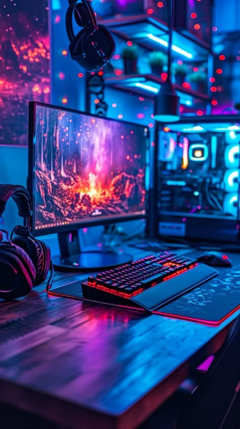 Modern gaming setup with neon lights, dual monitors, mechanical keyboard, and high-performance computer for ultimate gaming experience Funny Text Pictures, Live Fish Wallpaper, Battle Station, Computer Station, Best Gaming Setup, Industrial Home Design, Live Fish, Must Have Gadgets, Fish Wallpaper