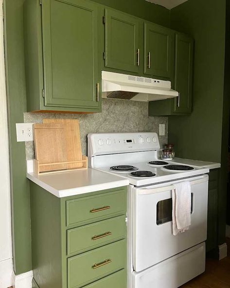 Green Painted Kitchen Cabinets, Dingy Apartment, Green Painted Kitchen, Avocado Green Kitchen, Vinyl Countertops, Cabinet Hardware Installation, White Kitchen Makeover, Painted Kitchen Cabinets, Kitchen Cost