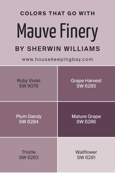 Colors that Go With Mauve Finery SW 6282 by Sherwin Williams Mauve Sherwin Williams Paint, Plum Bedroom Walls, Sherwin Williams Purple Paint Colors, Purple Wall Color, Mauve Paint Colors, Mauve Bathroom, Plum Paint Colors, Plum Room, Plum Color Palette