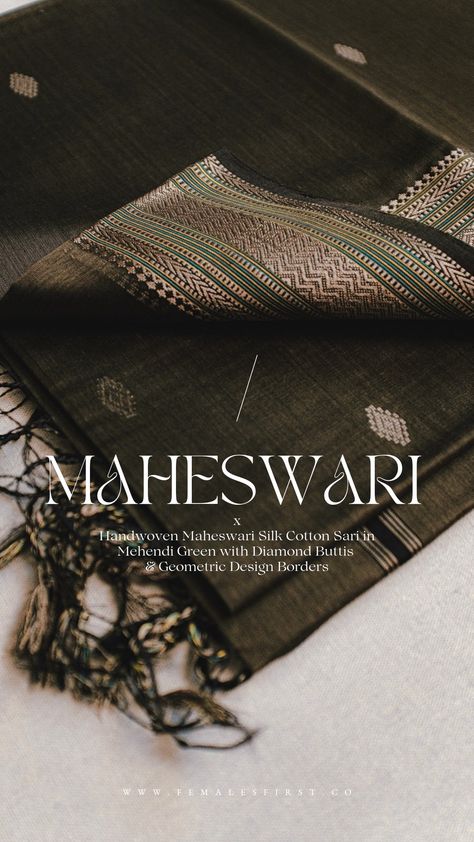 Handwoven Maheswari Silk Cotton Sari in Mehendi Green with Diamond Buttis & Geometric Design Border Flatlays Photography, Typeface Inspiration, Elegant Typeface, Indian Wedding Aesthetic, Print Scarf Design, Saree Accessories, Colour Reference, Saree Tassels Designs, 600 Followers