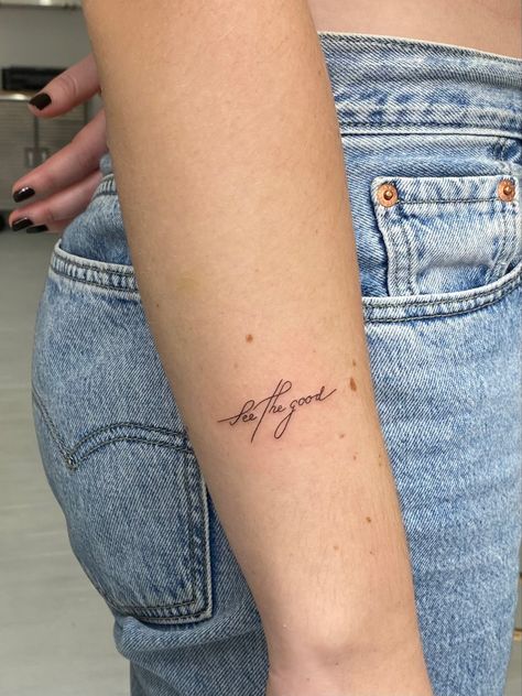 Dainty Tattoo Sayings, Lots Of Love Tattoo, Dainty Words Tattoo, Dainty Feminine Tattoos Sleeve, Demure Tattoo, Love Them Anyway Tattoo, Dainty Tattoo Placement Ideas, Dainty Writing Tattoo, Word Placement Tattoos