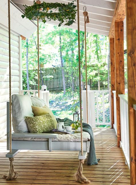 A Traditional Log Cabin Gets a Modern Upgrade Infused With the Homeowner’s Swedish Heritage Bed Swings, Porch Bed, Front Porch Swing, Balkon Decor, Porch Swing Bed, Swing Bed, Building A Porch, Rustic Porch, Porch Swings