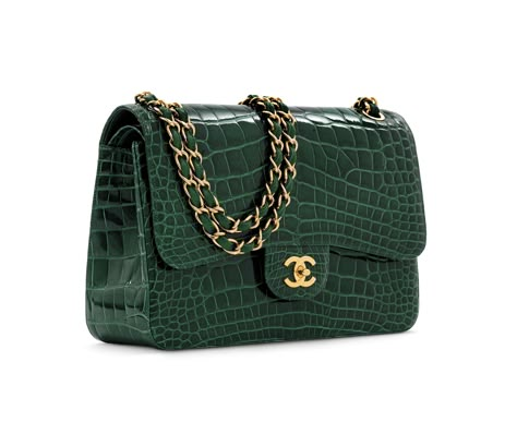 A SHINY EMERALD GREEN ALLIGATOR JUMBO DOUBLE FLAP WITH GOLD HARDWARE | CHANEL, 2011 | 21st Century, bags | Christie's Green Chanel Bag, Green Chanel, Silhouette Mode, Luxury Bags Collection, Mode Chanel, Green Handbag, Green Purse, Fancy Bags, Luxury Purses