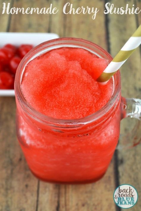 Homemade Cherry Slushie Cherry Slushie Recipe, Cherry Slushie, Slushie Recipe, Kid Drinks, Frozen Drinks, Banana Smoothie, Milkshakes, Smoothie Drinks, Summer Treats