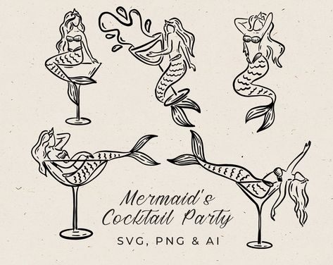 Hand Drawn Illustration of Mairmaid in Martini Glass in Whimsical Style, Doodle Illustration Girl in Martini Glass for Bachelorette Invite - Etsy Mermaid In Martini Glass Art, Mermaid Martini, Mermaid Cowgirl, Mermaid Doodle, Mermaid Bachelorette Party, Bachelorette Invite, Mermaid Illustration, Illustration Simple, Whimsical Style