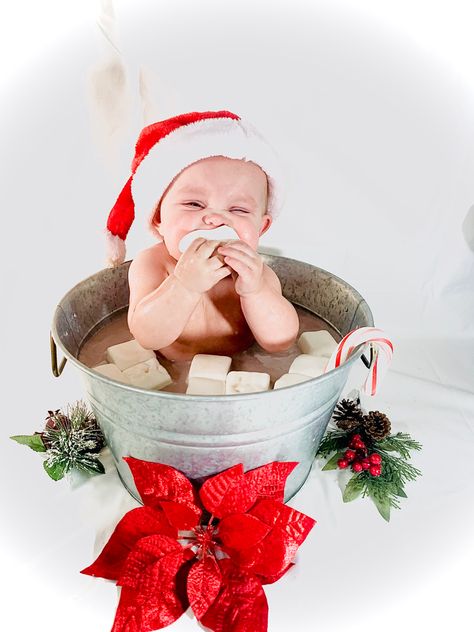 Milk And Cookies Bath Photo Shoot, Winter Milk Bath Photography, 9 Month Christmas Photos, Half Birthday Christmas Theme, Christmas 6 Month Photos, Christmas Baby Photoshoot 6 Months, 6 Month Christmas Pictures Baby, Cookies And Milk Photoshoot, Milk And Cookies Photo Shoot