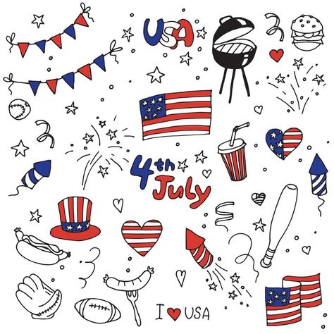 Fourth Of July Drawings, 4th Of July Drawings, July Drawings, Calendar Doodles, 4th Of July Clipart, Whiteboard Art, Patriotic Symbols, Calligraphy Doodles, July Colors