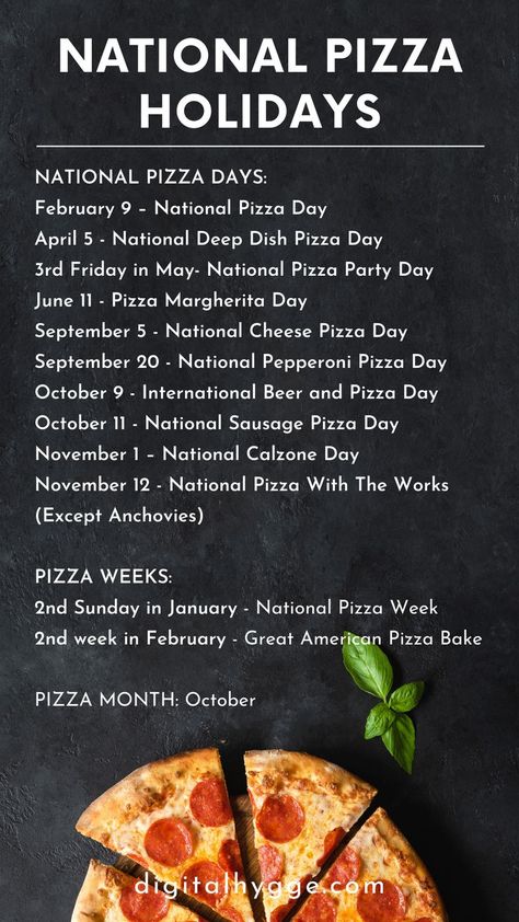 People love #pizza 🍕 It’s an undisputed fact. Therefore, it is no surprise that ever year, we celebrate: National Pizza Day & World Pizza Day National Deep Dish Pizza Day National Pizza Party Day Pizza Margherita Day National Cheese Pizza Day National Pepperoni Pizza Day International Beer and Pizza Day National Sausage Pizza Day National Calzone Day National Pizza With The Works (Except Anchovies) National Pizza Week & Month Learn more about all these holidays on the website. International Beer And Pizza Day, National Pizza Day February 9, National Sausage Pizza Day, Unique Pizza Toppings, National Cheese Pizza Day, National Pizza Month, American Pizza, National Pizza Day, Pizza Sign