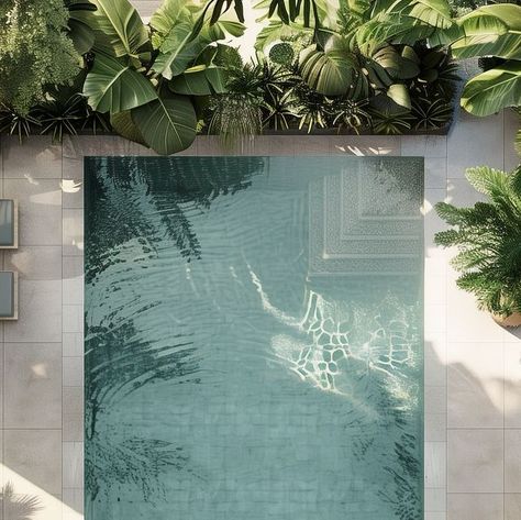 INTERIOR DESIGN STUDIO on Instagram: "Escape the heat with this breathtaking pool oasis, a perfect blend of design and nature, ideal for cooling off during Cyprus’s hot summer days.☀️  This serene retreat features a sparkling azure pool surrounded by lush tropical greenery, creating a private paradise. Notice how the strategic placement of palms and various plants adds layers of green, enhancing the feeling of seclusion and tranquility. The light play on the water’s surface, highlighted by the sun’s rays filtering through the foliage, adds a dynamic and inviting touch.  Materials like smooth tiles and natural stone complement the vibrant plant life, balancing durability with aesthetic appeal. This setup not only cools the atmosphere but also soothes the soul, making it an ideal getaway rig Green Swimming Pool, Tropical Hideaway, Pool Oasis, Green Pool, Tropical Greenery, Refreshing Water, Tropical Pool, Plant Aesthetic, Pool Tile