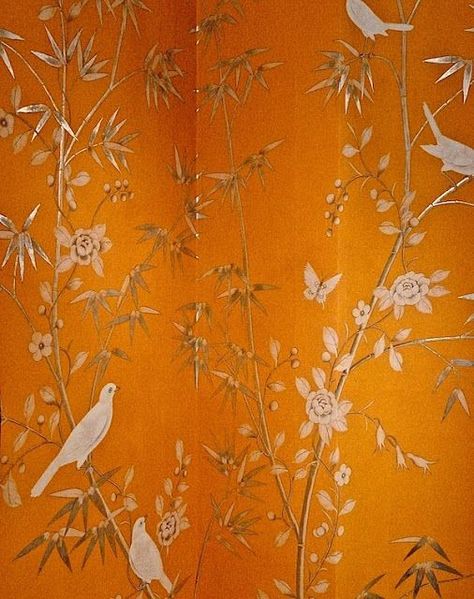 Orange & Chinoiserie | Chinoiserie Chic | Bloglovin’ Orange Wallpaper Bedroom, Orange Pattern Wallpaper, Orange Chinoiserie, Degournay Wallpaper, Gournay Wallpaper, De Gournay Wallpaper, Bamboo Lantern, Silk Wallpaper, Orange Interior