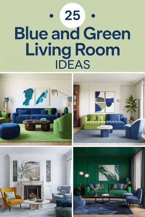 Elevate your living room with the calming power of blue and green! From furniture and accents to wall art and textiles, explore 25 blue and green living room decor ideas that add a touch of sophistication and tranquility to your space. Find inspiration for incorporating this beautiful color scheme in your home. Navy Green Living Room Decor, Blue And Green Living Room Modern, Green For Walls, Purple And Grey Living Room, Green Furniture Living Room, Blue Green Living Room, Emerald Green Curtains, Green Living Rooms, Blue And Green Living Room