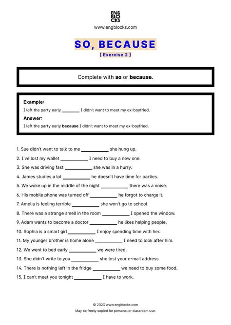 #sovsbecause #sovsbecauseworksheet #english #englishgrammar #esl #eslworksheet #engblocks #eslwebsite Speaking Practice, English Speaking Practice, The Worksheet, English Grammar Worksheets, Kids Study, English Language Teaching, Grammar Worksheets, Esl Worksheets, Language Teaching