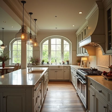 dream house kitchen #AI with large windows, arches, high ceilings, lots of natural light Arch Window Over Sink, Kitchen With Big Window Over Sink, Arched Window Kitchen, Big Windows In Kitchen, Kitchen With A Lot Of Windows, Arched Kitchen Window, Arched Windows Exterior, Kitchen With Big Windows, Kitchen Large Windows