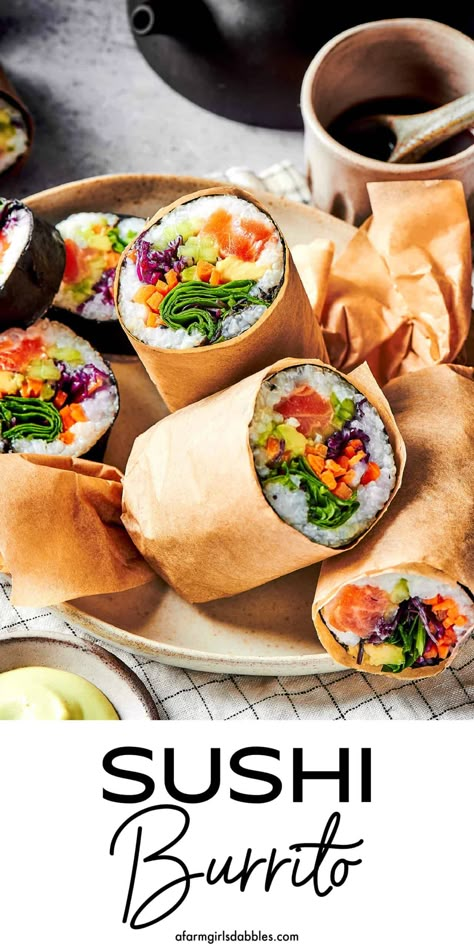 Sushi Style Sandwich Roll, Spring Roll Burrito, Sushi Wraps Recipes, Sushi Squares, Sushi Sauce Recipes, Sushi Burrito Recipe, Rainbow Roll Sushi, Cafe Cart, Sushi Wraps