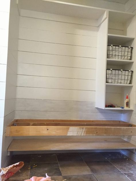 How to build a floating bench for a mudroom. This space was once a hall closet! Closet Mudroom, Floating Bench, Functional Mudroom, Vstupná Hala, Mudroom Closet, Front Closet, Mudroom Makeover, Entry Closet, Mud Room Entry