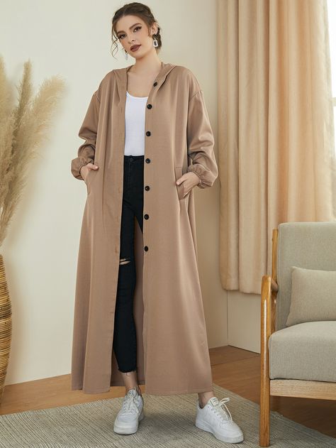 Khaki Casual Collar Long Sleeve Polyester Plain  Embellished Non-Stretch Spring/Fall World Apparel Long Modest Dresses Casual, Modern Abaya Designs, Long Kimono Outfit, Simple Abaya Designs, Abaya Design, Chiffon Blouses Designs, Muslimah Fashion Casual, Outfits Muslim, Abaya Outfit