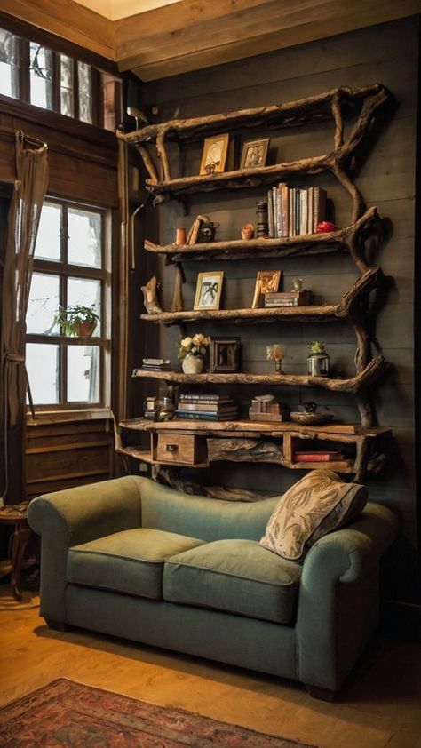 Diy Rustic Bookcase, Grunge Shelves, Floor Shelf Ideas, Cabin Bookshelves, Diy Tree Bookshelf, Plant Wall Shelves, Tree Branch Shelf, Hanging Bookcase, Branch Shelves