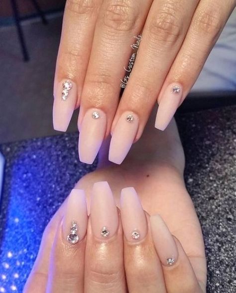 70+ Newest Coffin Acrylic Nail Art Designs 2019 | Acrylic ... #nailartideas #stilettonails #nailart Nail Inspo Coffin Diamonds, Natural Nail Designs With Diamonds, Matte Nails With Rhinestones Simple, Matte Nails With Jewels, Classic Nails With Rhinestones, Neutral Nails Rhinestones, Cuticle Diamond Nails, Light Nails With Diamonds, Acrylic Nails With Jewels Rhinestones