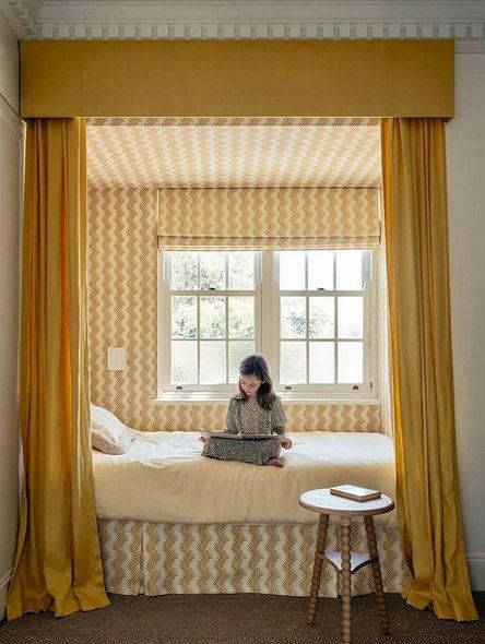 Alcove Bed, Sleeping Nook, Regency House, Bed Nook, Built In Bed, Yellow Curtains, Kid Rooms, Box Bed, Children's Bedroom