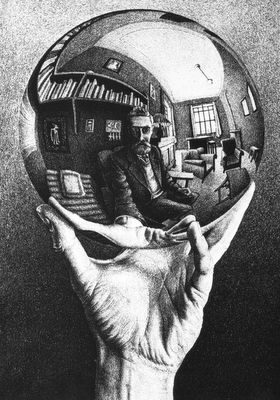 Self portrait reflected in Crystal ball by M. C. Escher A Mirror, Mirror