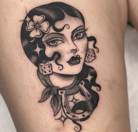 American Traditional Tattoo Woman Face, Vintage Woman Tattoo, Traditional Woman Face Tattoo, Pinup Flash, Trad Woman, Traditional Tattoo Pin Up Girl, Traditional Tattoo Woman Face, Lady Face Tattoo, Lady Head Tattoo