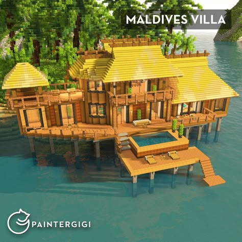 Maldives Villa, Minecraft Beach House, Cute Beach House, Villa Minecraft, Minecraft Small House, Maldives Villas, Tropical Beach Houses, Minecraft Structures, Minecraft House Plans