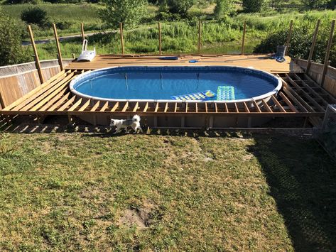 30x15 above ground pool with 40 x 35 deck oval Decks For Above Ground Pools, Diy Above Ground Pool Landscaping, Pool Deck Tile, Deck Decor Ideas, Pool Deck Decor, Oval Above Ground Pools, Homemade Pools, Decks Around Pools, Diy Above Ground Pool