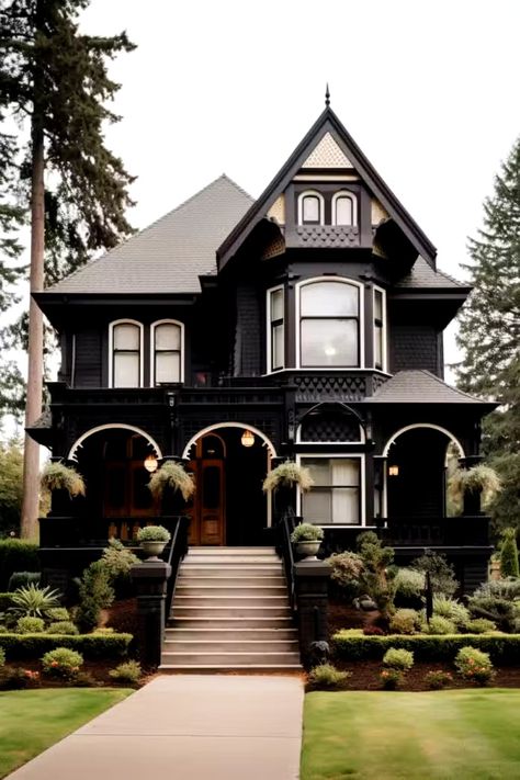 Rock Walkways, Black Victorian House, Gothic House Exterior, Victorian Home Exterior, Black Home Exterior, Home Exterior Ideas, Gothic Style Home, Practical Home Decor, Victorian Homes Exterior